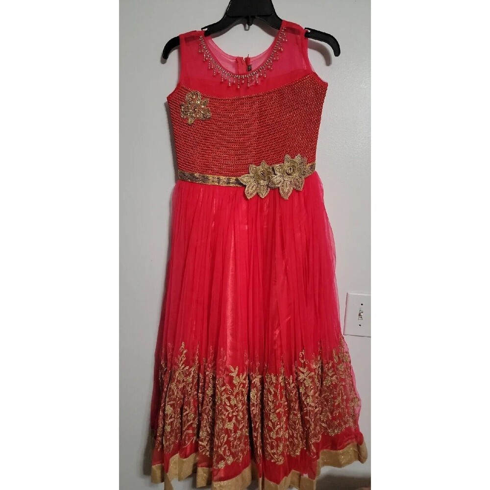 Coral Embroidered Flower Girl Dress Rhinestone Bridesmaid Wedding Recital Sz 36